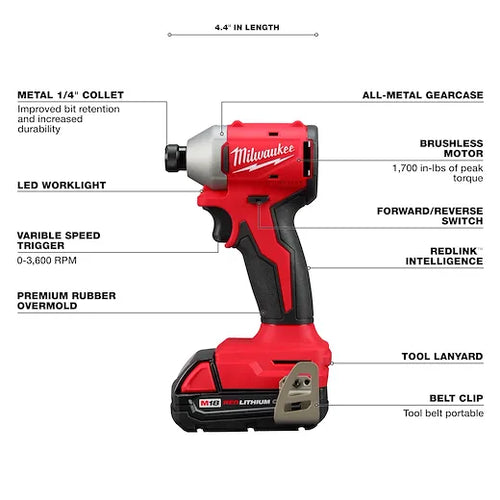 Milwaukee M18™ Compact Brushless 1/4 Hex Impact Driver Kit (1 Kit)