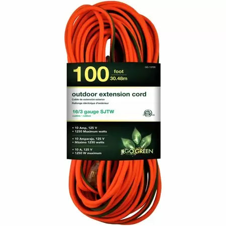 GoGreen Power® 1 Outlet Heavy Duty Extension Cord w/Lighted End 16/3 100'