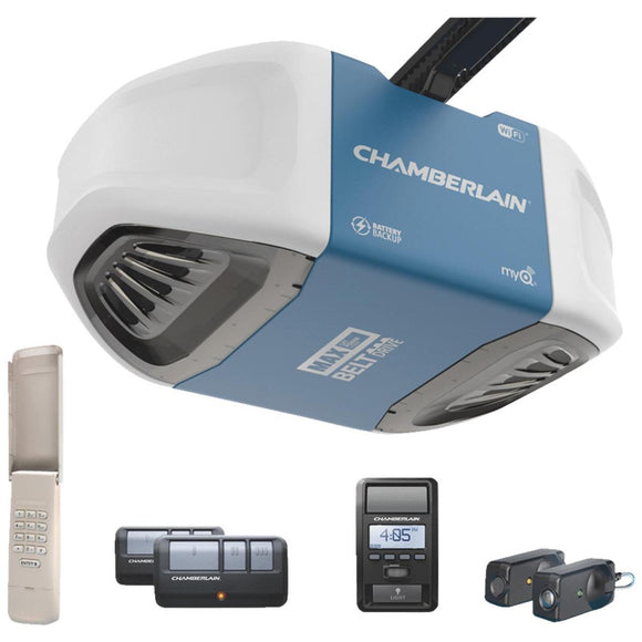 Chamberlain 1-1/4 HP Smartphone-Controlled Ultra-Quiet & Strong Belt Drive Garage Door Opener with Built-In WiFi, Battery Backup and MAX Lifting Power